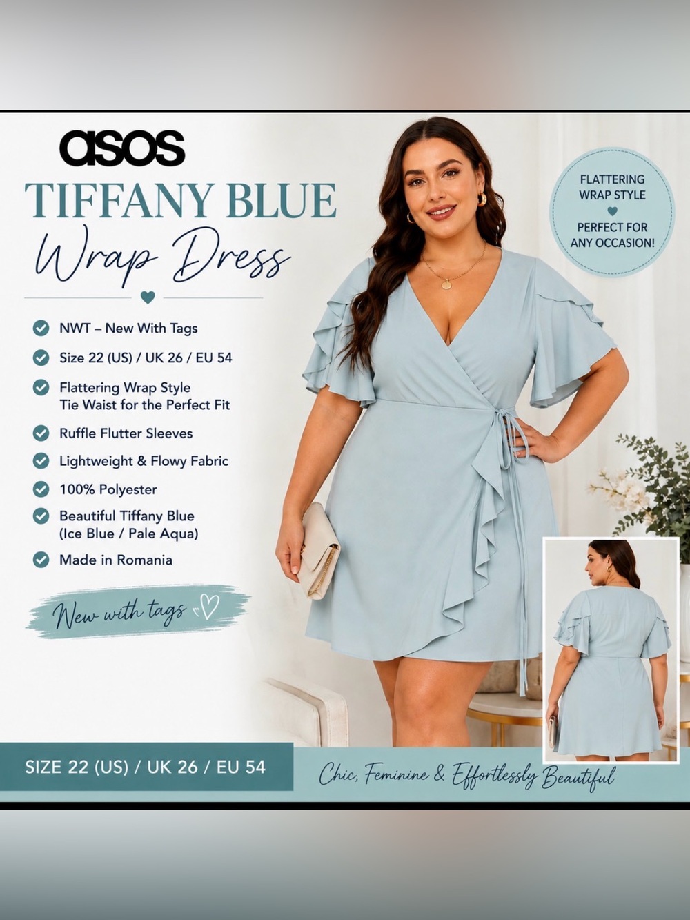 ASOS Tiffany Blue Wrap Midi Dress with Ruffle Sleeves size 22